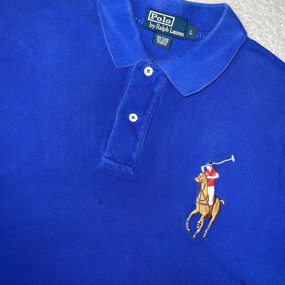 Polo Ralph Lauren Shirt Men's Size L Blue Pique Polo Golf Big Flesh Pony Logo #3